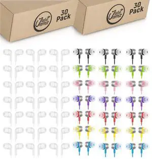 JustJamz 60-Pack Bulk Wired Earbuds: 30 Pearl White Disposable Earphones + 30 Multi-Color in-Ear Headphones | Affordable Wired Earbuds for Kids, Classrooms, Schools, Libraries, and Group Activities