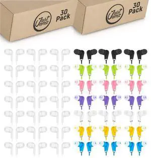 JustJamz 60-Pack Bulk Wired Earbuds Bundle: 30 Pearl White Disposable Earphones + 30 Bits Multicolored in-Ear Headphones | Affordable Wired Earbuds for Schools, Classrooms, Libraries, and Group Use