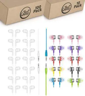 JustJamz 110-Pack Bulk Wired Earbuds Bundle: 100 Pearl White Disposable Earphones + 10 AstroFi Kids Wired Earbuds | Affordable in-Ear Headphones for Classrooms, Schools, Libraries, and Kids