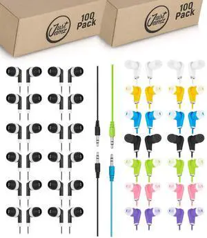 JustJamz 200-Pack Bulk Wired Earbuds: 100 Black Dot Disposable Earphones + 100 Bits Multicolored in-Ear Earbuds | Wired Earphones for Schools, Classrooms, Libraries, Kids, and Bulk Events