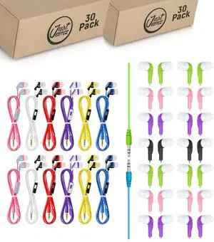 60-Pack Wired Earbuds Bundle: 30 Color Call Earbuds with Microphone + 30 Jelly Roll Earbuds Without Mic | Bulk In-Ear Headphones with Silicone Tips for Schools, Classrooms, Libraries, and Travel