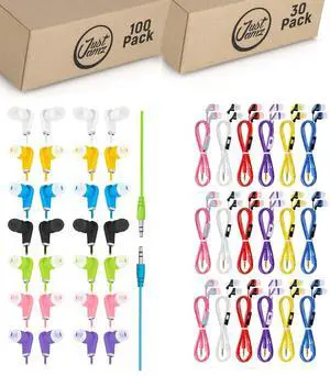 130-Pack: 100 Bulk Colorful Wired Earbuds + 30 Wired Earphones with Microphone | Multi-Color in-Ear Headphones for Schools, Libraries, Classrooms, & Events | Comfortable, Durable Bulk Earbuds