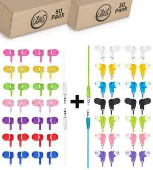 JustJamz 80-Pack Bulk Wired Earbuds | 30 Bits Earphones + 50 Ear Buds Wired | Durable Corded Headphones for Schools, Libraries, Classrooms, and Events | Comfortable in-Ear Headphones