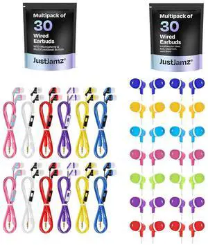 60 Bulk Wired Earbuds - 30x Wired Earbuds with Microphone & 30x No-Mic Wired Earphones | Multi-Color In-Ear Headphones for Classroom, School, Libraries | Earbuds Wired with Mic & Ear Buds Bulk Pack
