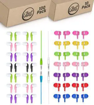 JustJamz 110-Pack Bulk Wired Earbuds Bundle: 100 Jelly Roll Colorful Earphones + 10 Marbles Multicolor Earbuds | Disposable Wired Headphones for Schools, Classrooms, Libraries, and Group Activities