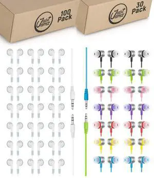 130-Pack Bulk Wired Earbuds: 100 Simple White Earphones + 30 Colorful Jelly Matte Earbuds | Wired Headphones with 3.5mm Jack for Schools, Classrooms, Libraries, Kids, Students, and Bulk Events