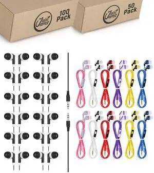 JustJamz 150-Pack Bulk Wired Earbuds: 100 Black Dot Earbuds (No Mic) + 50 Color Call Earbuds (with Mic) | in-Ear Wired Headphones with Silicone Tips for Schools, Classrooms, Libraries, and Bulk Use