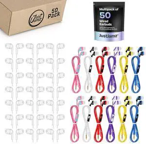 JustJamz 100 Bulk Wired Earbuds Bundle: 50 Pearl White Earbuds (No Mic) + 50 Multi-Color Earphones with Mic