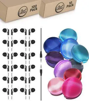 JustJamz 100 Black Dot Wired Earbuds + 10 Portable Earbud Cases | Bulk Earphones and Zipper Pouches for Schools, Classrooms, Libraries, Kids, and Students