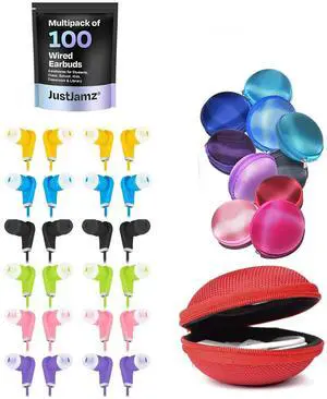110 Pack: 100 Multicolor Bulk Wired Earbuds + 10 Round Earbud Cases | Headphones Wired for Classroom, Travel, and Everyday Use | Ear Buds Case with Clip for Wired Earphones and Small Accessories