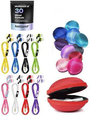 40 Pack: 30 Wired Earbuds with Microphone + 10 Round Earbud Cases | Headphones Wired for School, Travel, and Everyday Use | Compact Earphone Case with Zipper for Wired Earbuds and Small Accessories