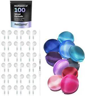 110 Pack: Bulk Earbuds and Earbud Cases  Includes 100 Basic White Wired Earbuds for Classroom and School Use Plus 10 Color Earbud Carrying Cases  Disposable Headphones with 3.5mm Jack