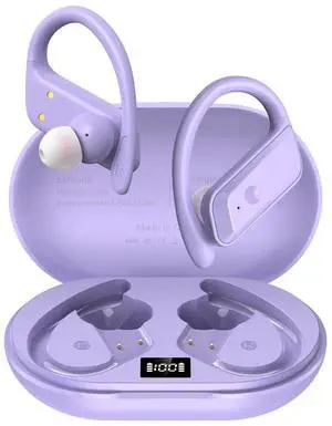 Wireless Earbuds Bluetooth 5.4 Headphones 53H Playtime Sport Earphones with LED Display,Over-Ear Buds Built in Mic in Ear Waterproof Headset for Workout Running Gaming - Purple