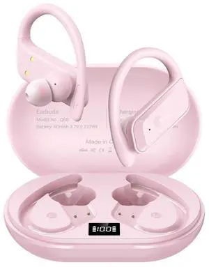 Wireless Earbuds Bluetooth 5.4 Headphones 53H Playtime Sport Earphones with LED Display,Over-Ear Buds Built in Mic in Ear Waterproof Headset for Workout Running Gaming - Pink