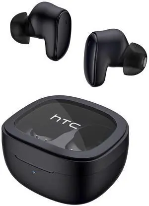 HTC True Wireless Bluetooth Earbuds 9 Bluetooth 5.3, in-Ear Earphones Transparent Case Design with Wireless Charging Fuction, 24Hour Playtime/Game Modes/Built-in Mic/Touch Control -Black