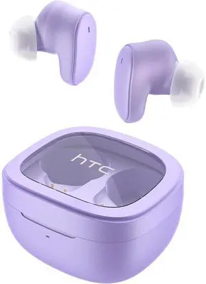 HTC True Wireless Bluetooth Earbuds 9 Bluetooth 5.3, in-Ear Earphones Transparent Case Design with Wireless Charging Fuction, 24Hour Playtime/Game Modes/Built-in Mic/Touch Control -Purple