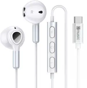 Hmusic USB C Headphones, Type C Earphones Magnetic, Wired Earbuds in-Ear Headset with Mic Volume Control for Android Smart Phones for Samsung Galaxy, Google Pixel, Xiaomi (White)