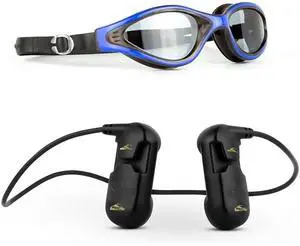 H2O Audio Sonar PRO Underwater Streaming Music (Playlist+) Waterproof Bluetooth Bone Conduction Headphones with Swimming Goggles  Anti-Fog Lenses, Extra Soft Silicone  Black/Blue