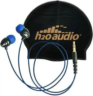 H2O Audio Surge S+ Waterproof Sport Short Cord Headphones with Noise Cancelling, Silicone Swim Cap for Long Hair - Wrinkle-Free, Non-Toxic, Anti-Fog, Lightweight, Durable - Black/Blue