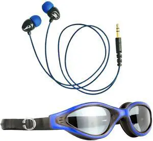 H2O Audio Surge S+ Waterproof Sport Headphones with Short Cord & Anti-Fog Swim Goggles  Noise Cancelling, Leak-Proof, Extra Soft Silicone  for Swimming & Underwater Activities - Black/Blue