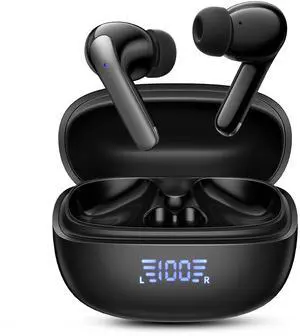 Bluetooth 5.3 Wireless Earbuds [Compact & Powerful] with Deep Bass, Noise Cancelling Mic, LED Display, IPX7 Waterproof, 40H Playtime, in-Ear Headphones for Laptop, Phone, Sports & Workout