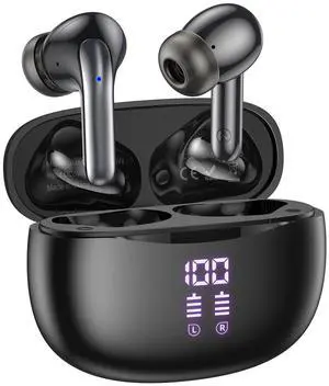 Wireless Bluetooth Headphones, 40H Playback Bluetooth Earbuds with LED Power Display Charging Case, IPX5 Waterproof Wireless Headphones for Phone Gaming TV Sports (Dual Mic-Black-Upgrade)