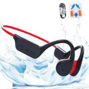 GenXenon IPX8 Waterproof Wireless Bone Conduction Headphones with Bluetooth 5.3 and Mic, Open-Ear Design for Running and Swimming, Built-in 32G MP3 Player for Workout (BlackRed-26)