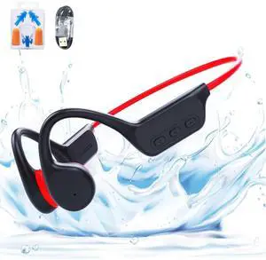 GenXenon Wireless Bone Conduction Headphones Bluetooth 5.3 with Mic, Underwater Swimming Headphones, IPX8 Waterproof, Open Ear, Built-in 32G MP3, for Running and Workout (BlackRed-12)