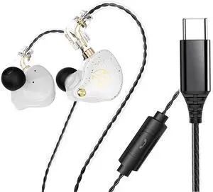 FEDAI DX2 in Ear USB C Headphones & Earbuds, Noise Isolating for Running/Gym/Workouts, Type C Headset with Microphone, 3-Button Remote (White With Mic)