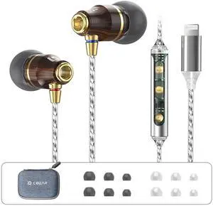 EZ EAR KBEAR Wooden Light-ning Earbuds, A-pple Earbuds for iPhone wtih Connector, [MFi Certified] Headphones for iPhone with Microphone Controller, Compatible All A-pple Light-ning Devices, Brown