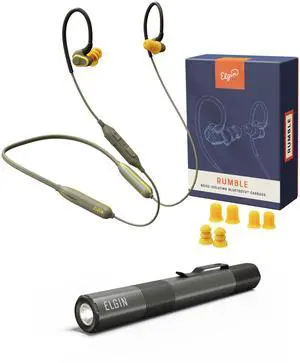 Elgin Rumble Bluetooth Earplug Earbuds & Firebolt LED Flashlight Bundle, OSHA Compliant Noise-Cancelling Wireless Headphones and 100 Lumens Pocket EDC Inspection Pen Light with Magnetic Mount