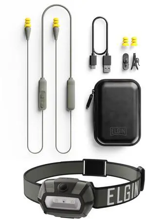 Elgin Discord Bluetooth Earplug Earbuds & Thunder-Scout Headlamp Bundle, OSHA Compliant Noise-Isolating Wireless Headphones and 200 Lumen LED Headlight, Weatherproof for Camping and Industrial Work
