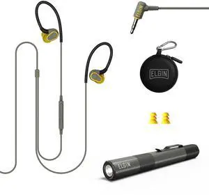 Elgin Rumble Wired Earplug Headphones & Firebolt Inspection Flashlight Bundle, 27 dB NRR 3.5mm Jack Hearing Protection Earbuds and 100 Lumens Weatherproof Pocket EDC Flash Light with Magnetic Mount