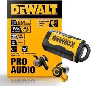 DEWALT Heavy Duty Bluetooth Jobsite Pro X2 ANC True Wireless Earbuds, Active Noise Cancelling Work Earbuds, Turn Dial Controls, 10Hr Runtime (40+ w/Case), 4 EQ Modes, IP54