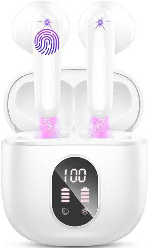 Wireless Earbuds, Bluetooth 5.4 Headphones 50H Playback Bass Stereo Ear Buds with 4 ENC Cancelling Mics, Bluetooth Earbuds Dual LED Display IP7 Waterproof in-Ear Earphones USB-C for Android iOS White
