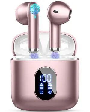 Wireless Earbuds, Bluetooth Headphones 5.4 with ENC Noise Cancelling Mics, 30H Bluetooth Ear Buds 3D Bass with LED Display Charging Case, IP7 Waterproof Wireless Earphones for Android, iOS, Rosegold