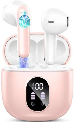 Wireless Earbuds, Bluetooth 5.4 Headphones 50H Playback Bass Stereo Ear Buds with 4 ENC Cancelling Mics, Bluetooth Earbuds Dual LED Display IP7 Waterproof in-Ear Earphones USB-C for Android iOS Pink