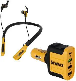 DEWALT Wireless Bluetooth Neckband Headphones and 60W 4 Port Fast Car Charger