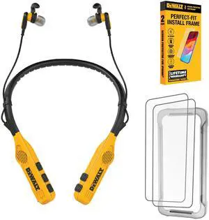DEWALT 2-in-1 Neckband Bluetooth Headphones w/Built-in Speakers Glass Screen Protector for iPhone 13/13 Pro/14