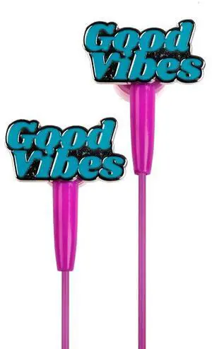 DCI in-Ear Headphones, Good Vibes Sentiment Earbuds, Pink Cord, 3.5mm Socket, Smartphone, Laptop, Tablet Compatible