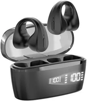Wireless Earbuds Bluetooth 5.3 ,Open Ear Clip Headphones with Built-in Mic,30H Playtime, Charging Case LED Display Fitness Earbuds for Sports(Black)