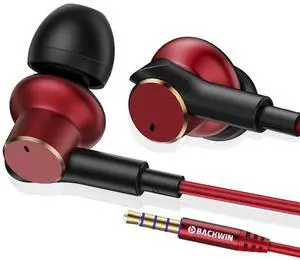 BACKWIN Wired Earbuds Dual-Drive Iron Ring in-Ear Headphones with mic Hi-Res immersive Sound Heavy bass Noise Isolation Earphones bass Boost,High Fidelity 3.5mm Jack Ear Buds Noise-Cancelling (Red)