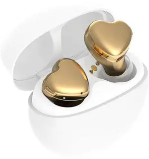 AVIOT TE-I3 Cute Heart-Shaped Wireless Earbuds for Small Ears with Clear Hard Case, Bluetooth 5.3, Up to 23 Hours Playtime, IPX4 Waterproof, Multipoint Connection, Ambient Sound, Bulid in Mic (Gold)
