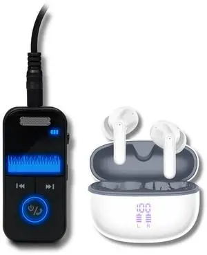 AT&T Essentials Audio Bundle: Bluetooth Transmitter/Receiver with LED Display & True Wireless Earbuds, 19.5Hr Battery (Black/White)