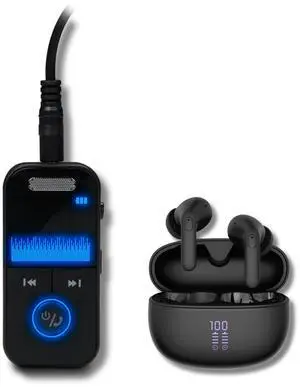 AT&T Essentials Audio Bundle: Bluetooth Transmitter/Receiver with LED Display & True Wireless Earbuds, 19.5Hr Battery (Black/Black)