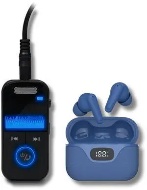 AT&T Essentials Audio Bundle: Bluetooth Transmitter/Receiver with LED Display & True Wireless Earbuds, 19.5Hr Battery (Black/Blue)