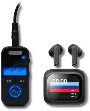 AT&T Essentials Audio Bundle: Bluetooth Transmitter/Receiver with LED Display & True Wireless Earbuds, 19.5Hr Battery (Black/Black)