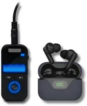 AT&T Essentials Audio Bundle: Bluetooth Transmitter/Receiver with LED Display & True Wireless Earbuds, 19.5Hr Battery (Black/Black)