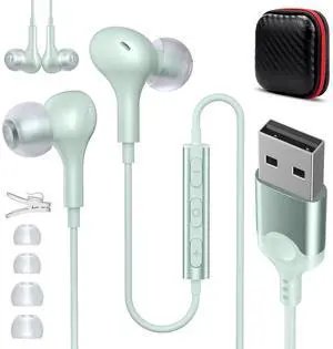 ASKUBSKU USB Headset with Microphone for PC 7.5 Ft Cable, USB A Headphones for Computer, Wired USBA Earbuds with Mute Stereo Noise Canceling Call Cord Earphones for Laptop for Surface Switch, Green