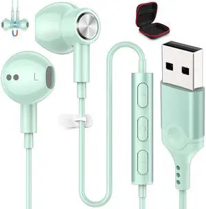 ASKUBSKU USB Headset for Game, USB A Headphones with Microphone for PC Computer with 7.5 Ft Cable, Wired USBA Earbuds Mute Stereo Noise Canceling Cord Laptop Earphones for Dell Surface Switch, Green